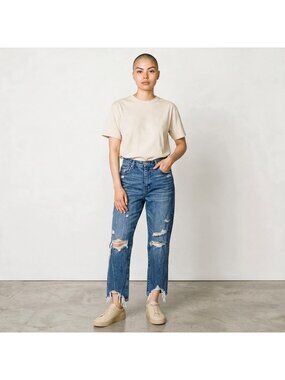 BLANKNYC Madison Crop Jeans Womens 31 High Rise Distressed Raw Hem Straight Blue